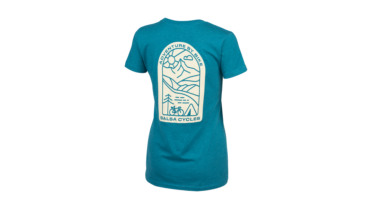 Salsa Campout Women's T-Shirt blue back Adventure By Bike Salsa Cycles and illustrated line drawing