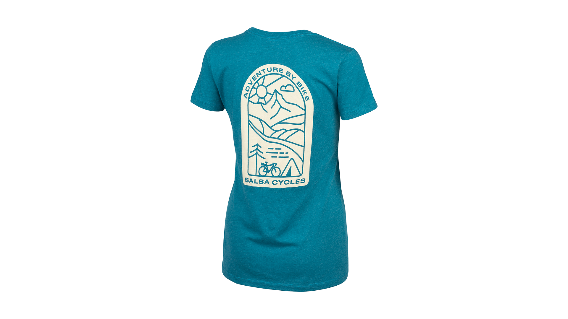 Salsa Campout Women's T-Shirt blue back Adventure By Bike Salsa Cycles and illustrated line drawing