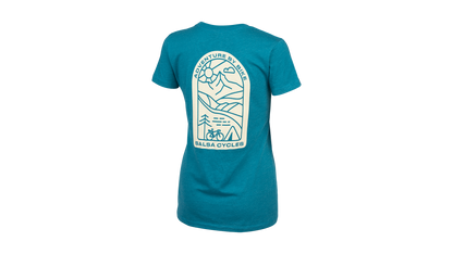 Salsa Campout Women's T-Shirt blue back Adventure By Bike Salsa Cycles and illustrated line drawing