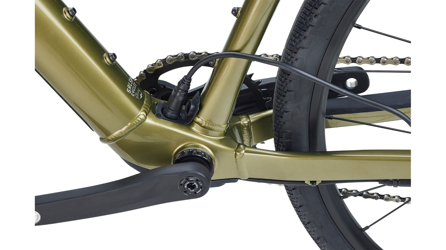 Salsa Confluence Ebike Drop Bar Apex 1 non drive side bottom bracket detail charging port plugged in