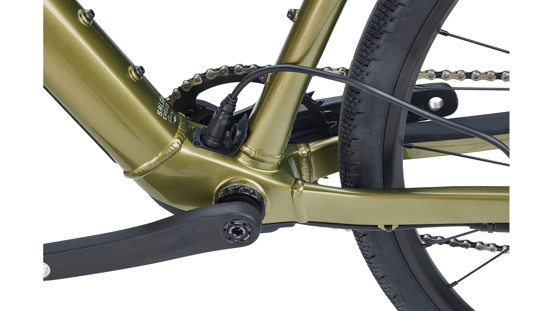 Salsa Confluence Ebike Drop Bar Apex 1 non drive side bottom bracket detail charging port plugged in