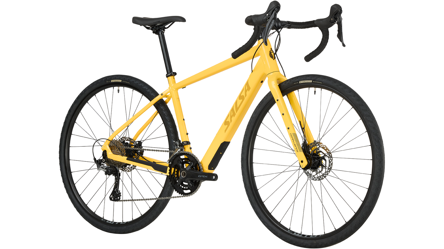 Salsa Confluence Ebike Drop Bar GRX 600 yellow color three-quarter front view on white background