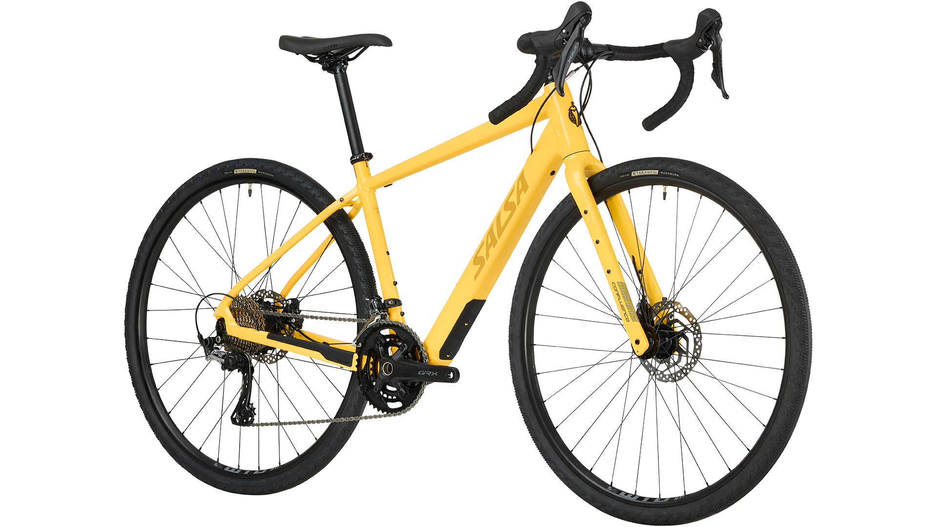 Salsa Confluence Ebike Drop Bar GRX 600 yellow color three-quarter front view on white background