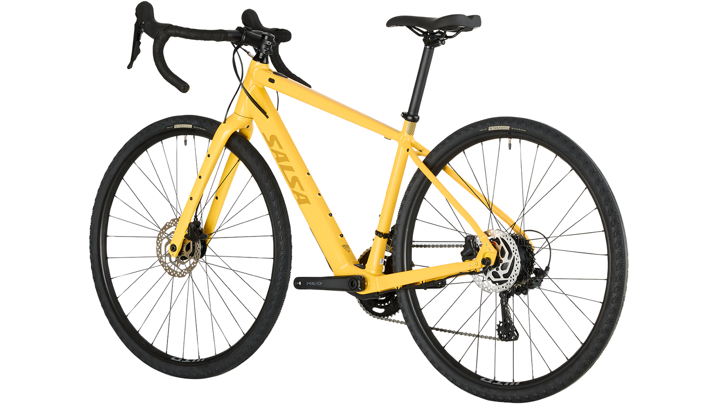 Salsa Confluence Ebike Drop Bar GRX 600 yellow color three-quarter rear view on white background