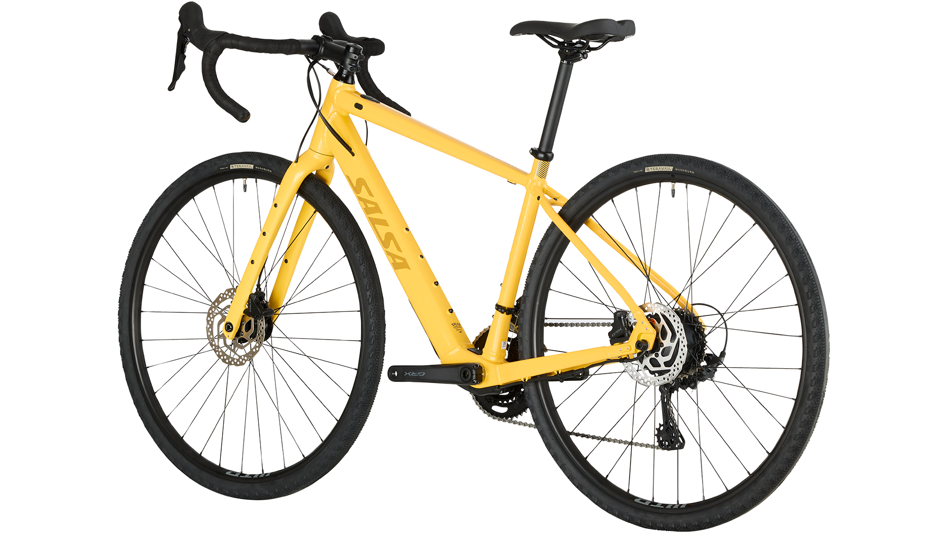 Salsa Confluence Ebike Drop Bar GRX 600 yellow color three-quarter rear view on white background