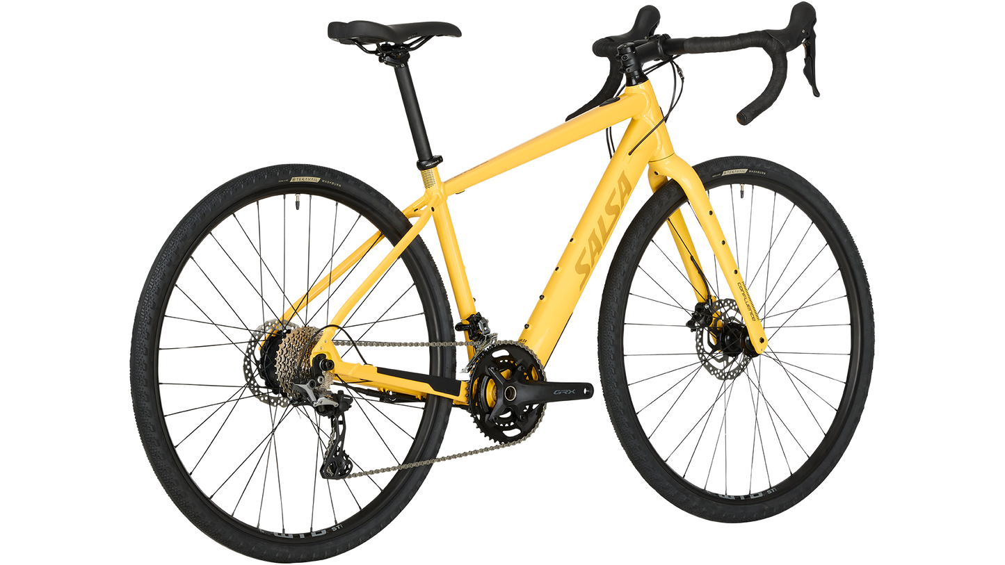 Salsa Confluence Ebike Drop Bar GRX 600 yellow color three-quarter drive side rear view on white background