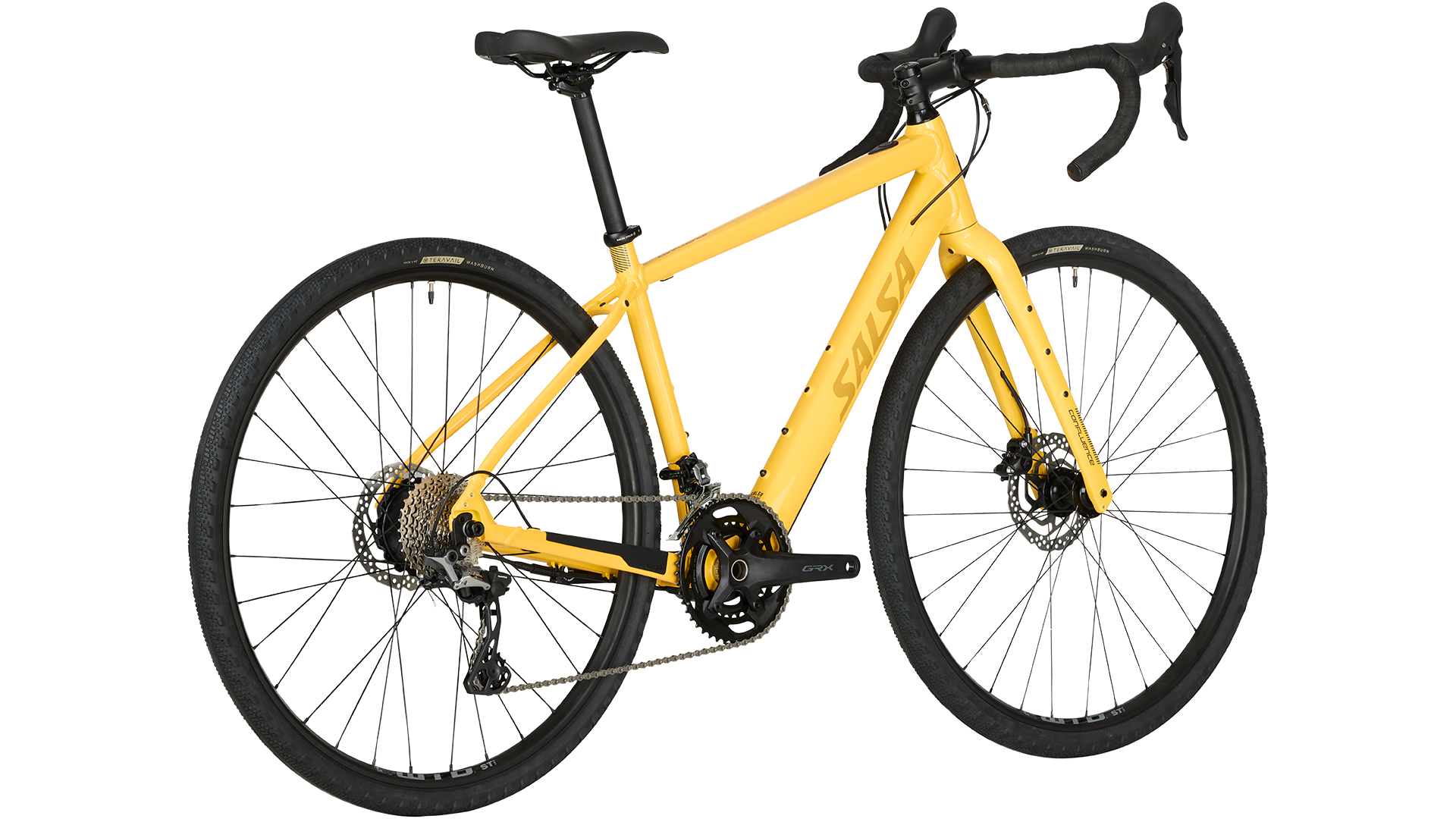 Salsa Confluence Ebike Drop Bar GRX 600 yellow color three-quarter drive side rear view on white background