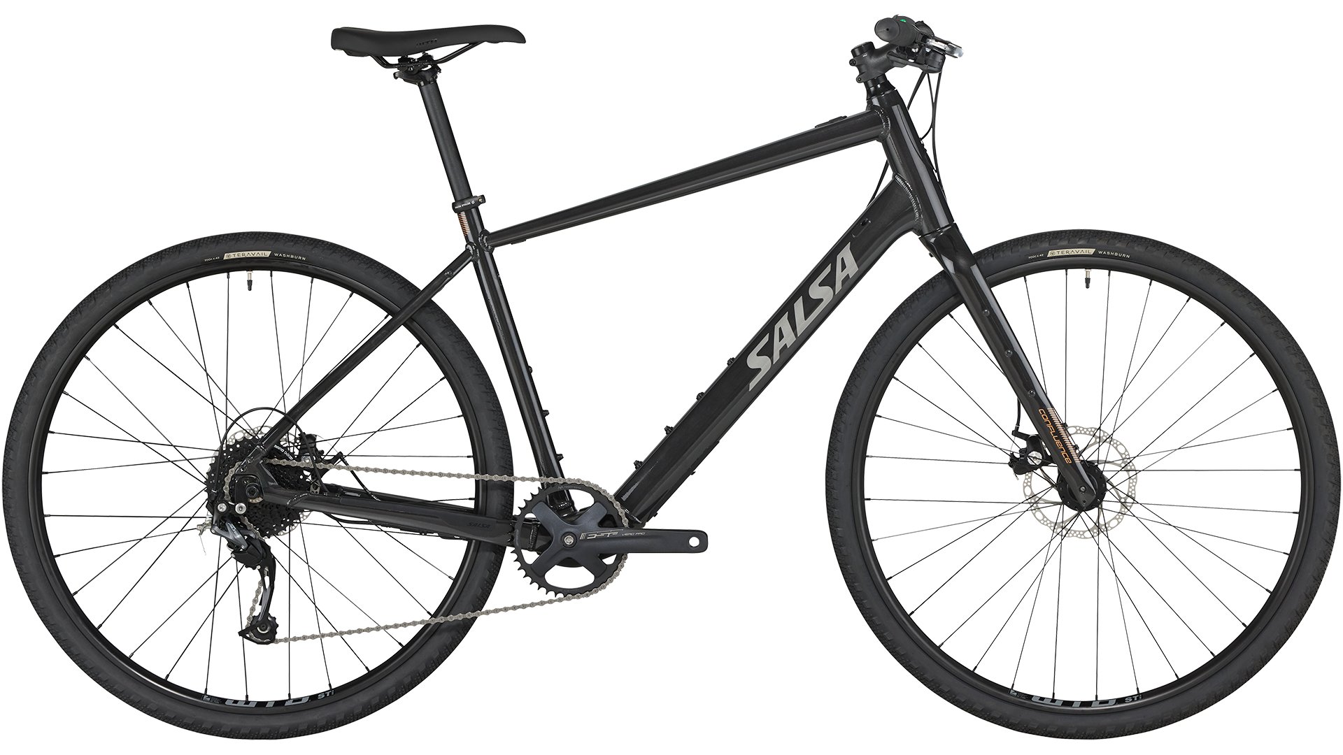 Salsa Confluence Ebike Flat Bar Altus black color side view on white background