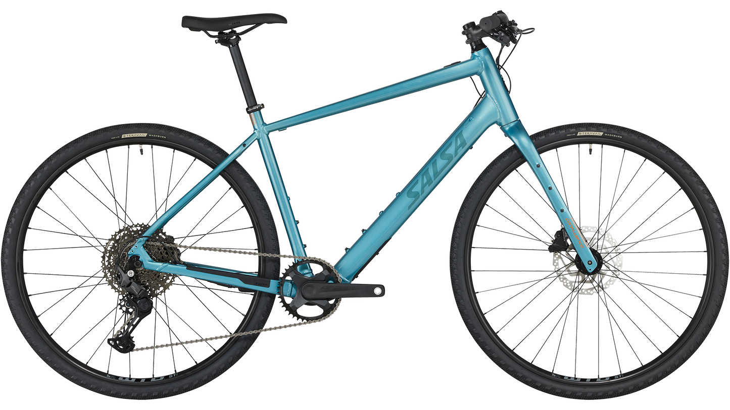 Salsa Confluence Ebike Flat Bar CUES 11 blue color side view on white background