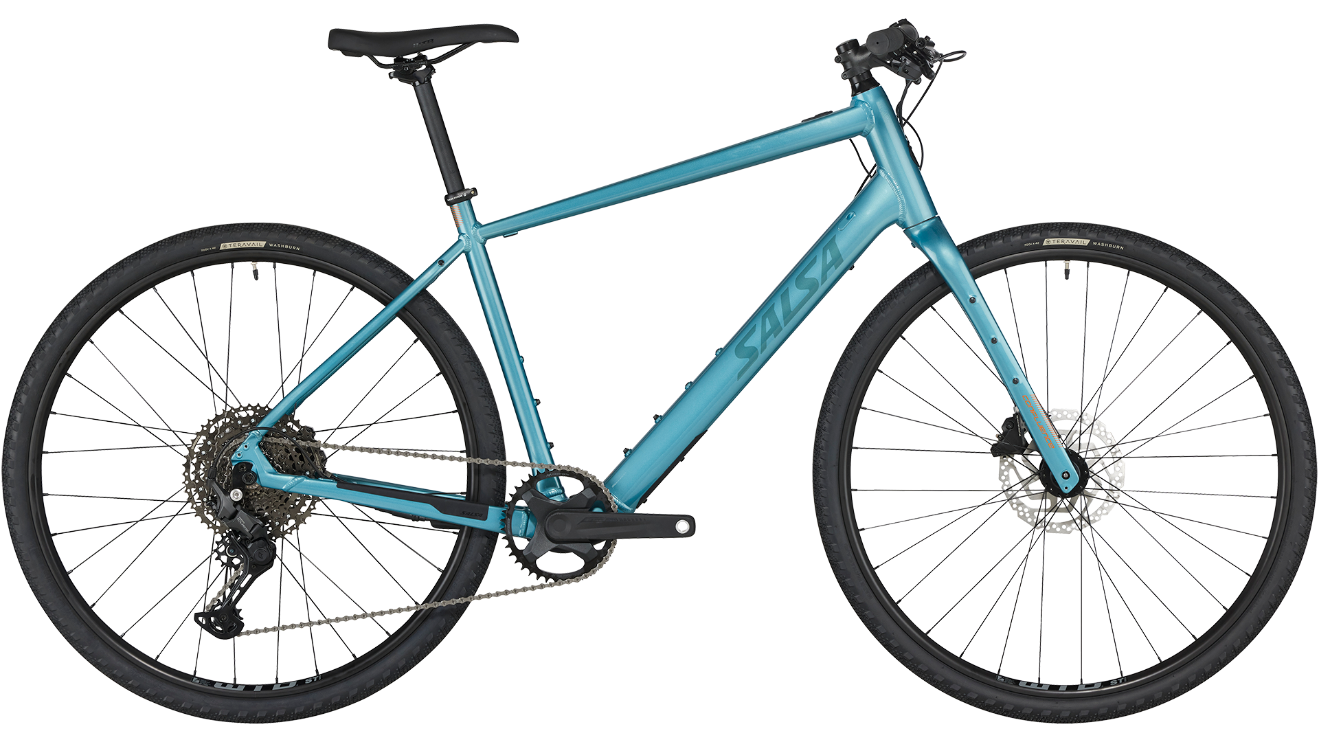 Salsa Confluence Ebike Flat Bar CUES 11 blue color side view on white background