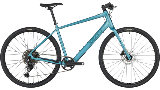 Salsa Confluence Ebike Flat Bar CUES 11 blue color side view on white background