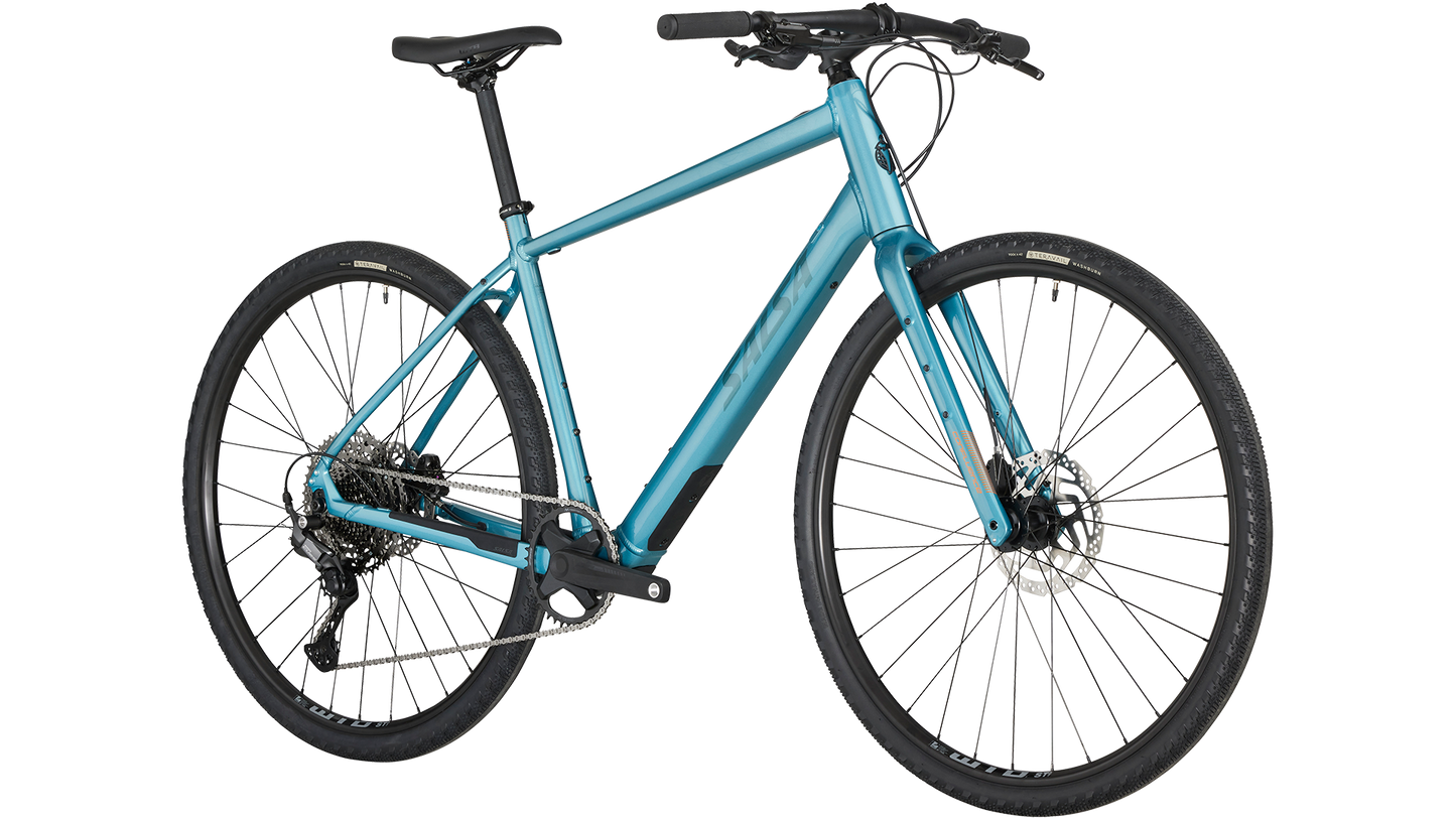 Salsa Confluence Ebike Flat Bar CUES 11 blue color three-quarter front view on white background