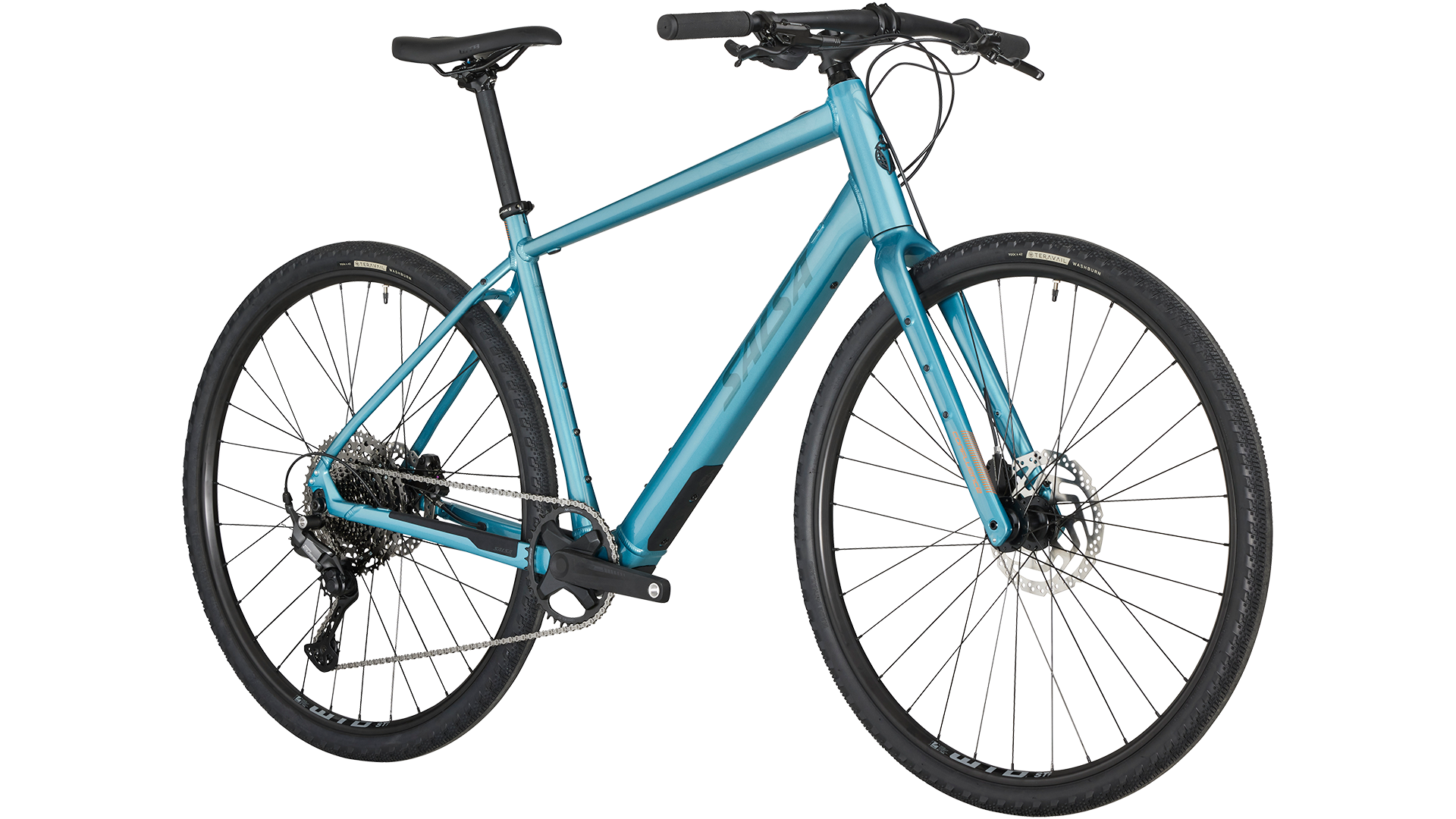 Salsa Confluence Ebike Flat Bar CUES 11 blue color three-quarter front view on white background