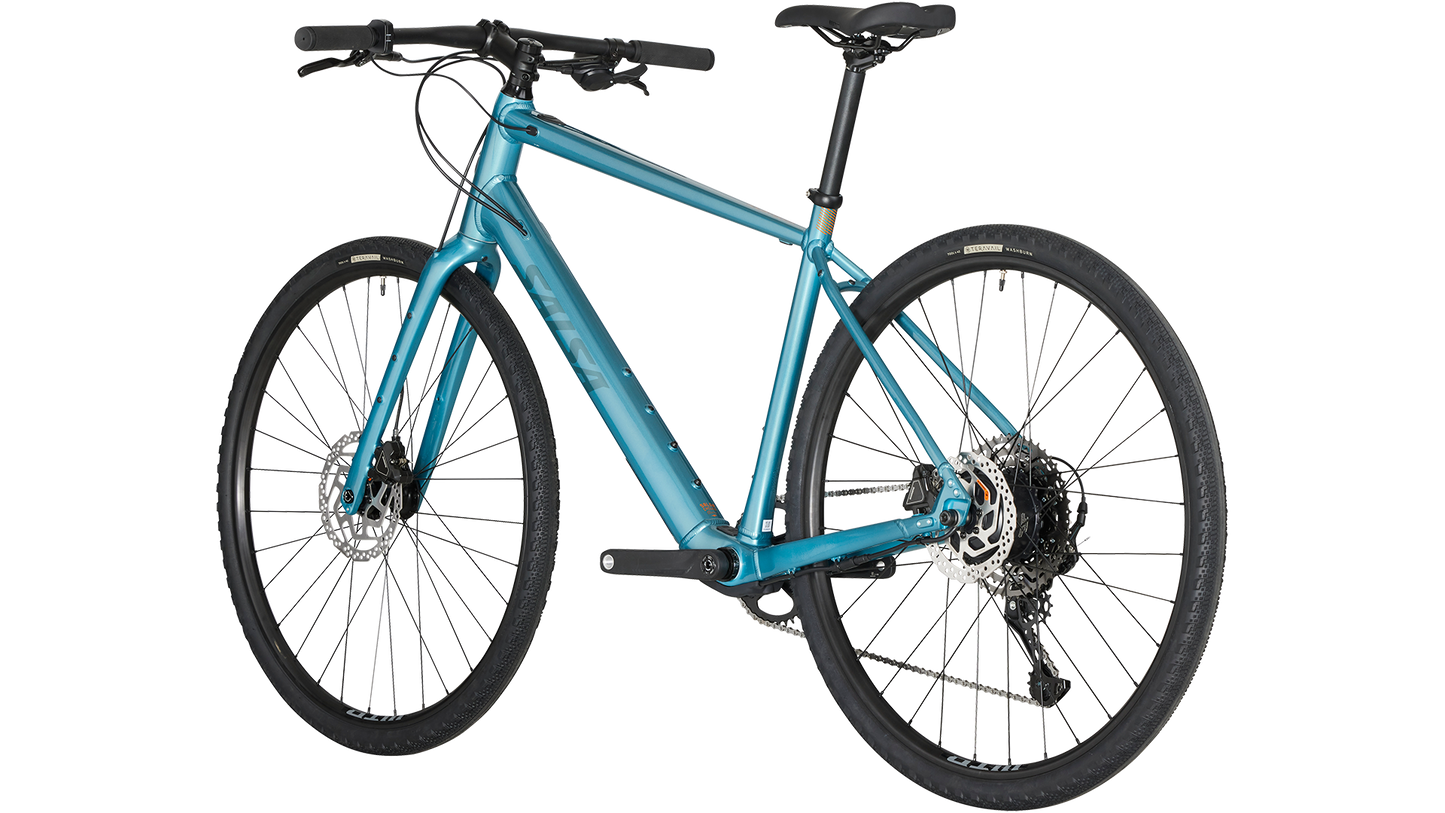 Salsa Confluence Ebike Flat Bar CUES 11 blue color three-quarter rear view on white background