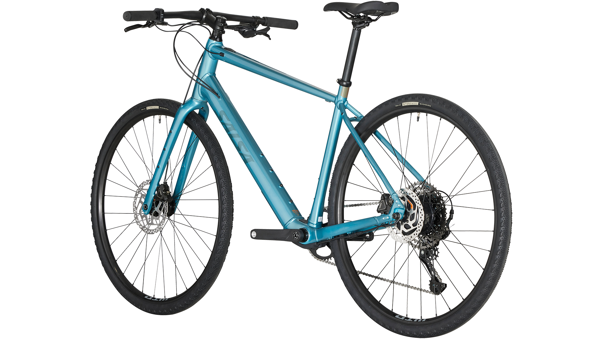 Salsa Confluence Ebike Flat Bar CUES 11 blue color three-quarter rear view on white background