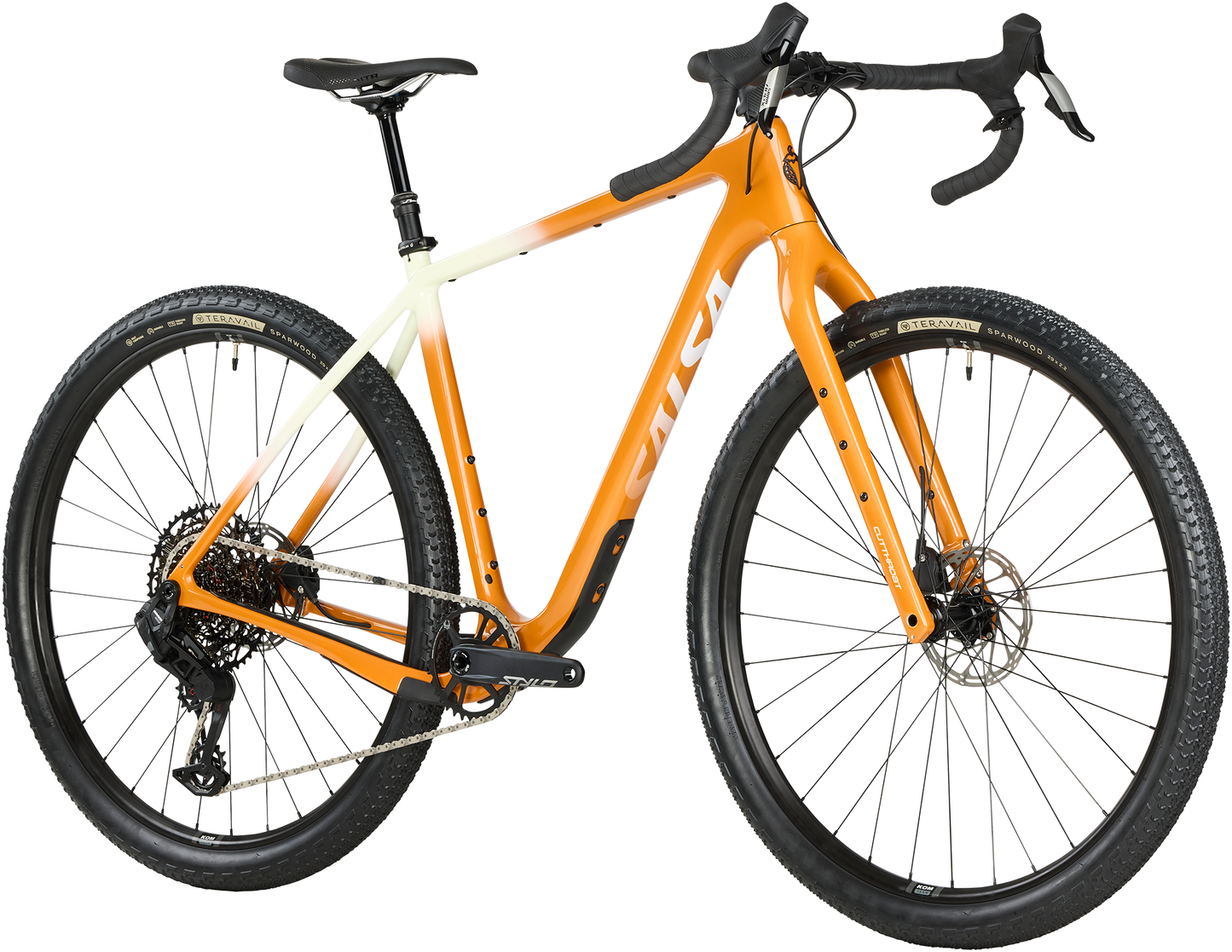 Salsa Cutthroat C Apex Transmission bike Tangerine color front three-quarter view on white background