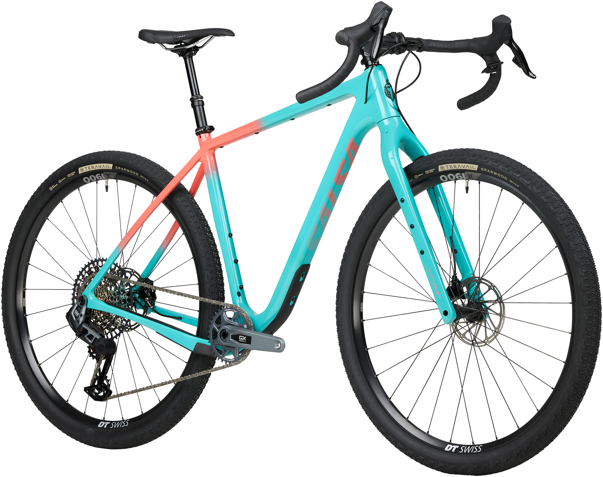 Salsa Cutthroat C Rival GX AXS Transmission bike front three-quarter view Teal Fade color on white background