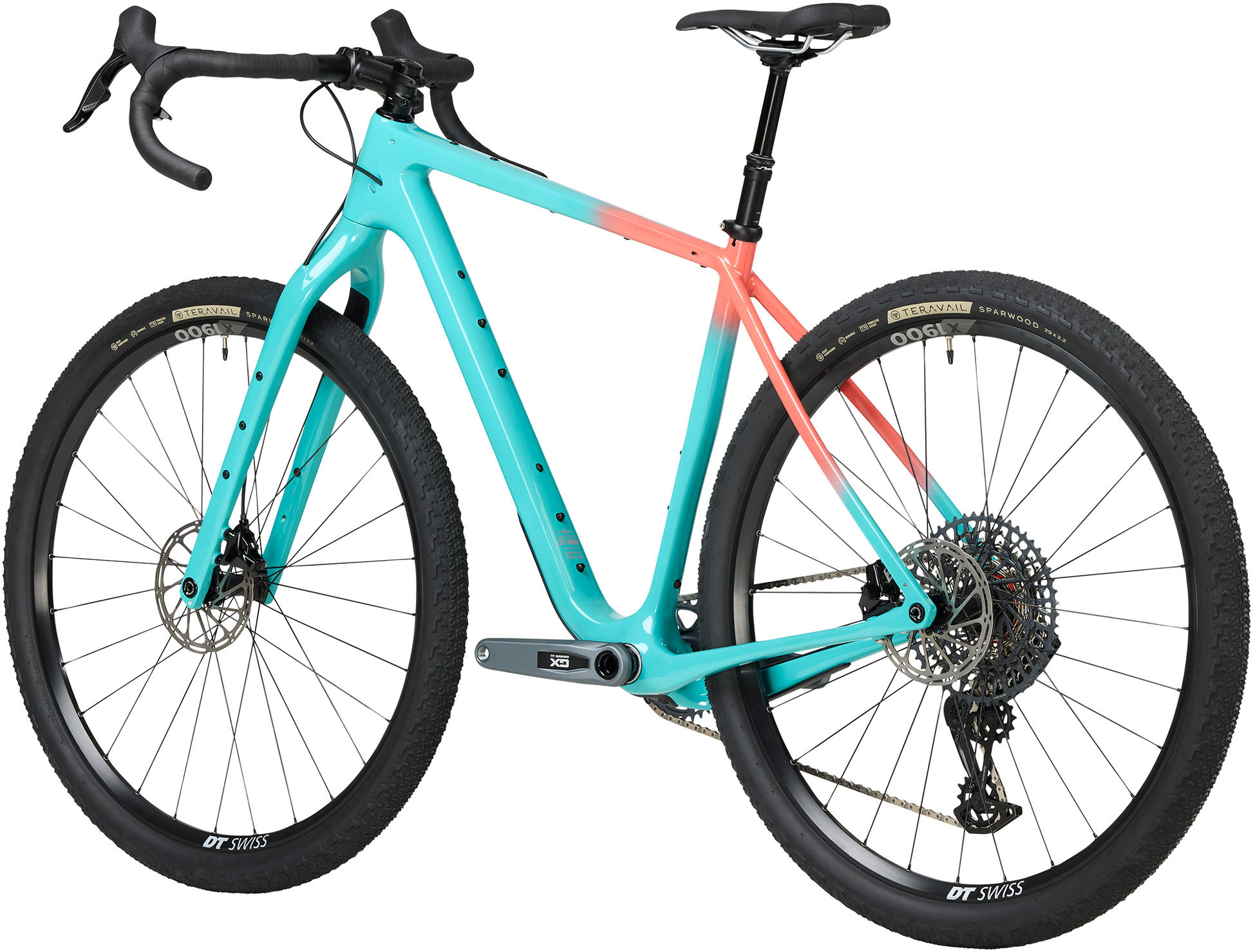 Salsa Cutthroat C Rival GX AXS Transmission bike rear three-quarter view Teal Fade color on white background