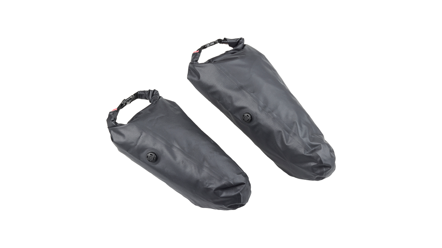 Salsa EXP Series Saguaro Seat Dry Bags packed and closed up, 14L and 9L shown side by side