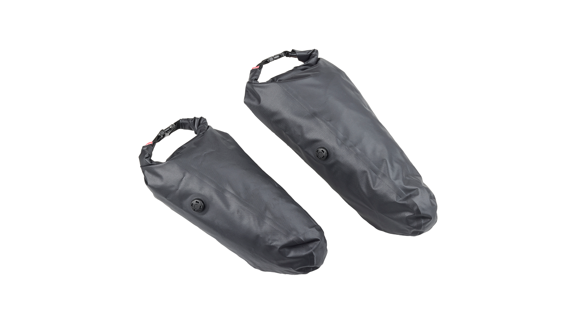 Salsa EXP Series Saguaro Seat Dry Bags packed and closed up, 14L and 9L shown side by side