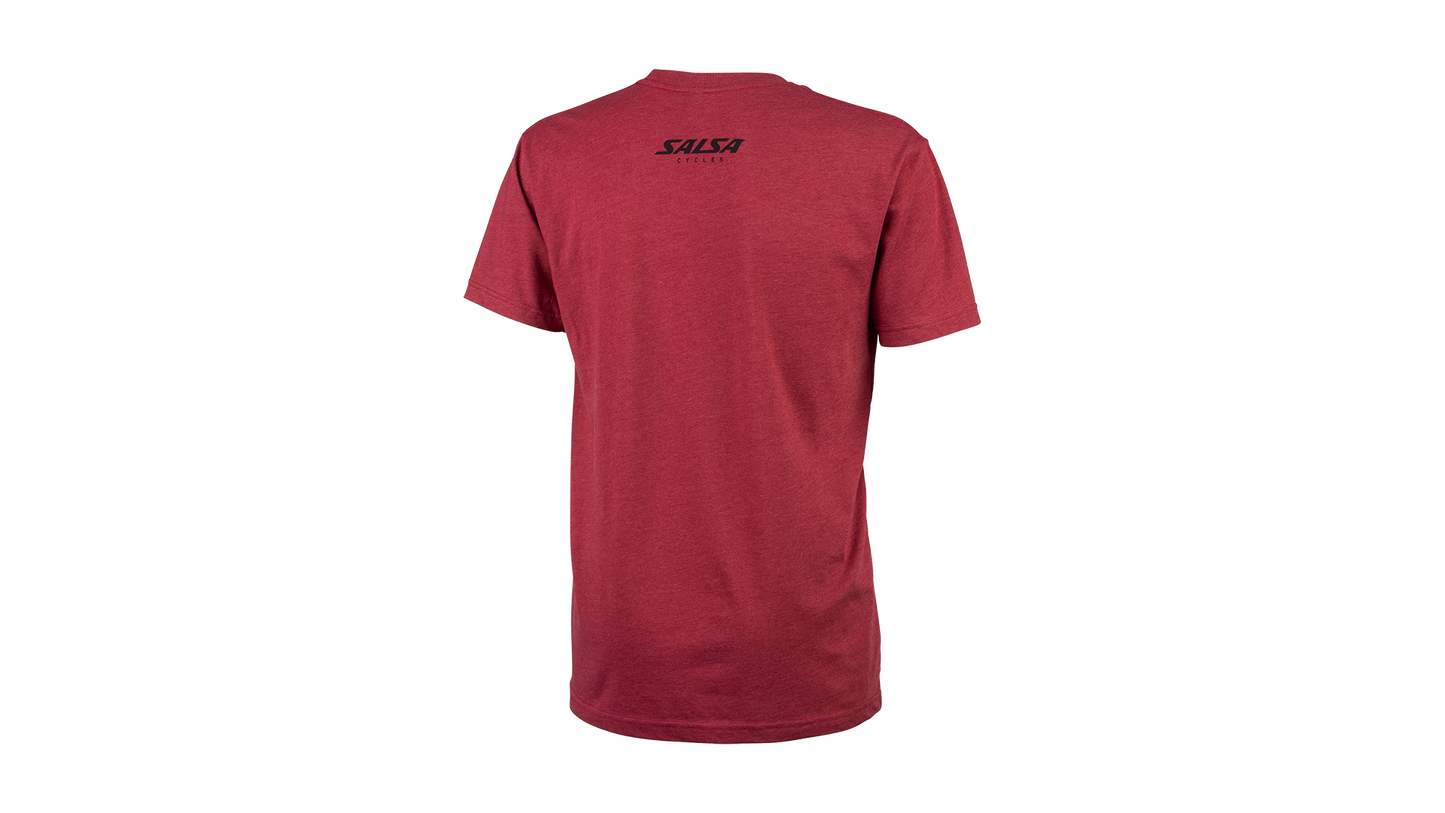 Salsa Extra Spicy Men's T-Shirt, red color, back view showing Salsa Cycles logo below neck