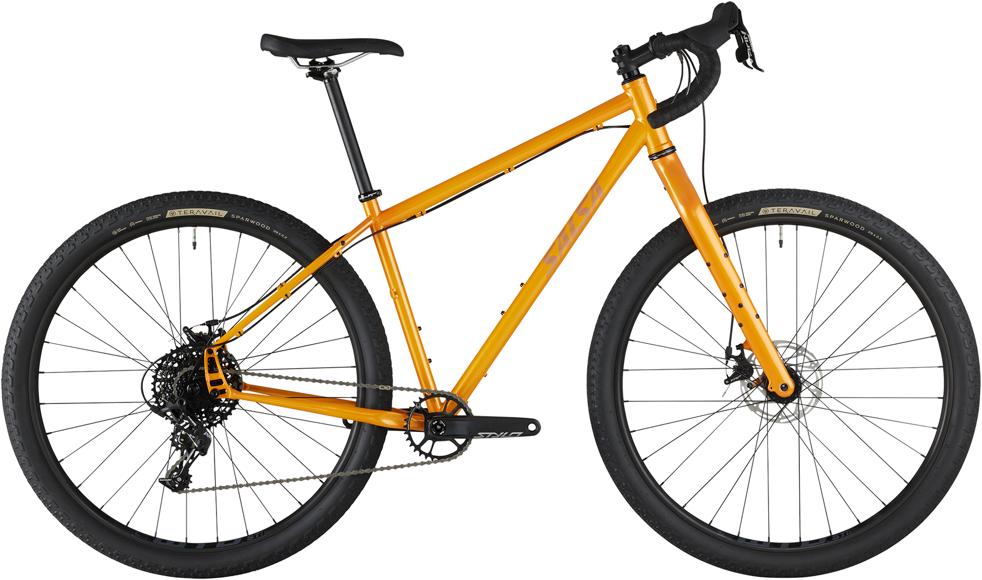 Salsa Fargo Apex bike orange color drive side view on white background