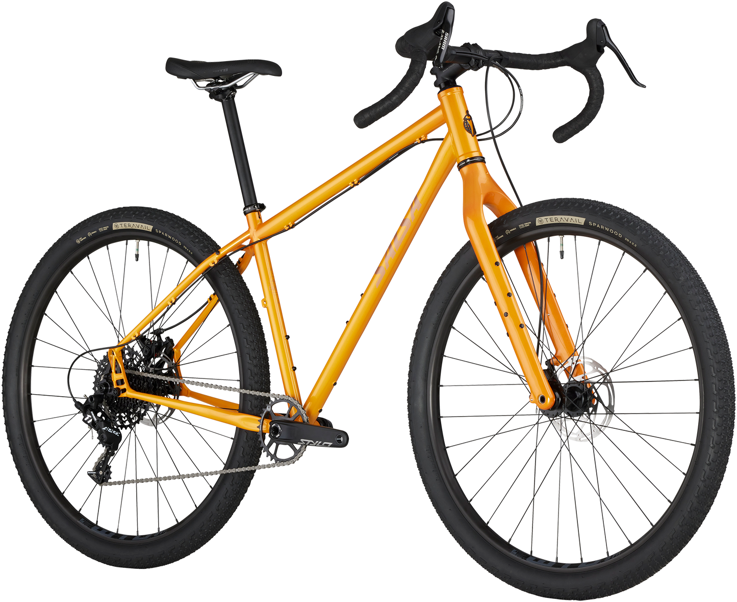 Salsa Fargo Apex bike orange color three-quarter front view on white background