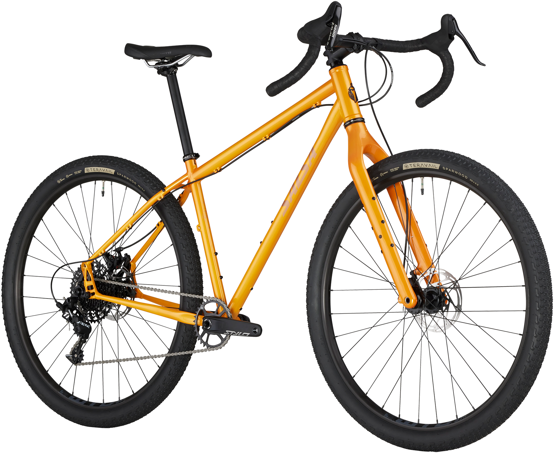 Salsa Fargo Apex bike orange color three-quarter front view on white background