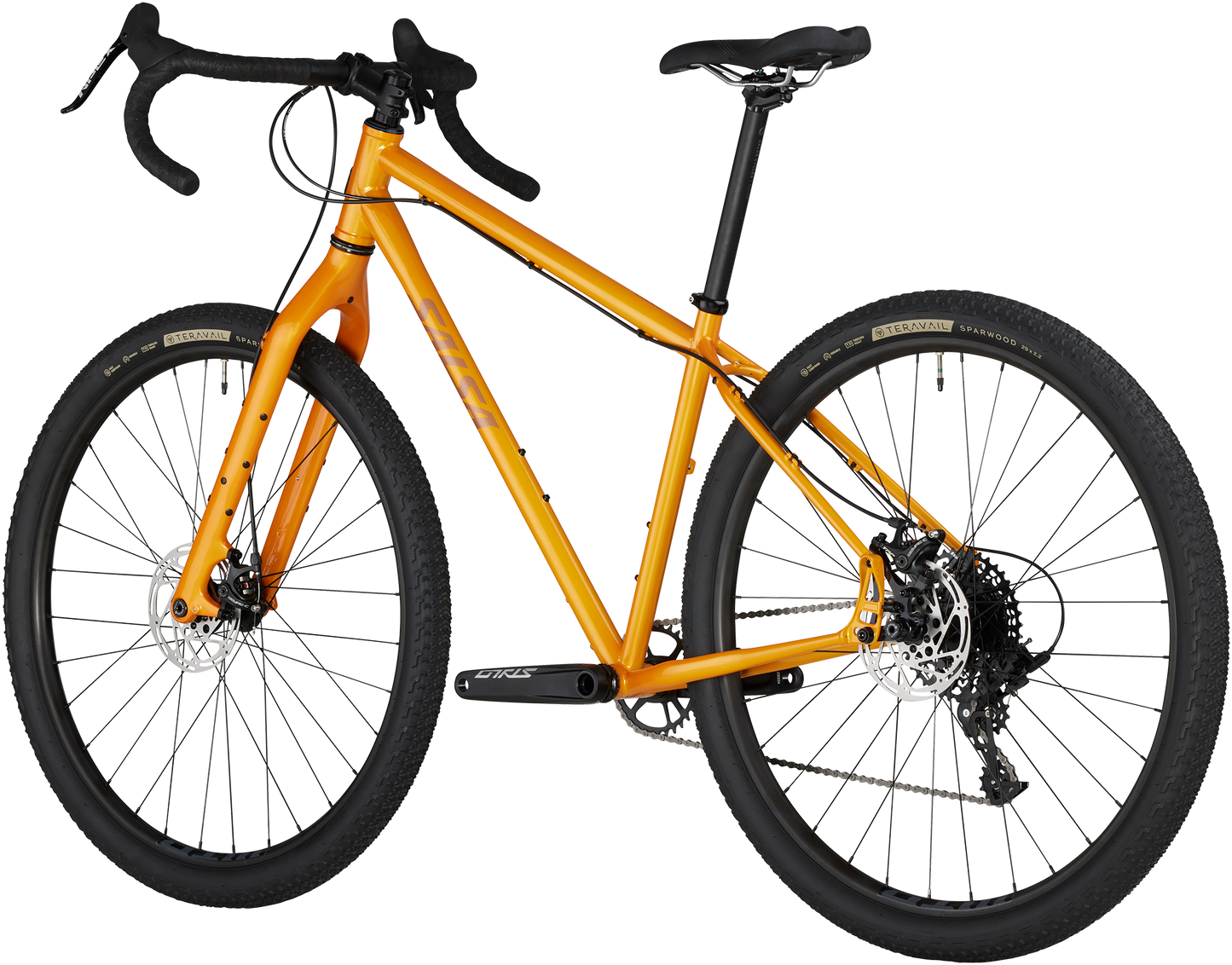 Salsa Fargo Apex bike orange color three-quarter rear view on white background