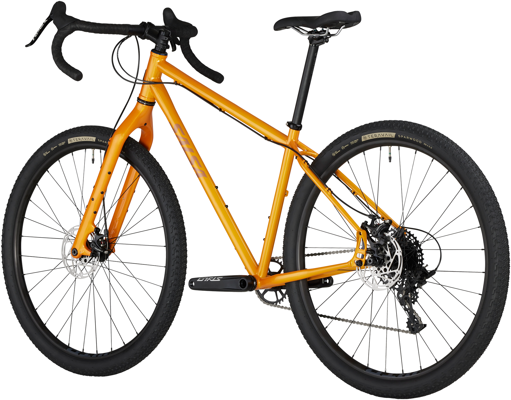 Salsa Fargo Apex bike orange color three-quarter rear view on white background