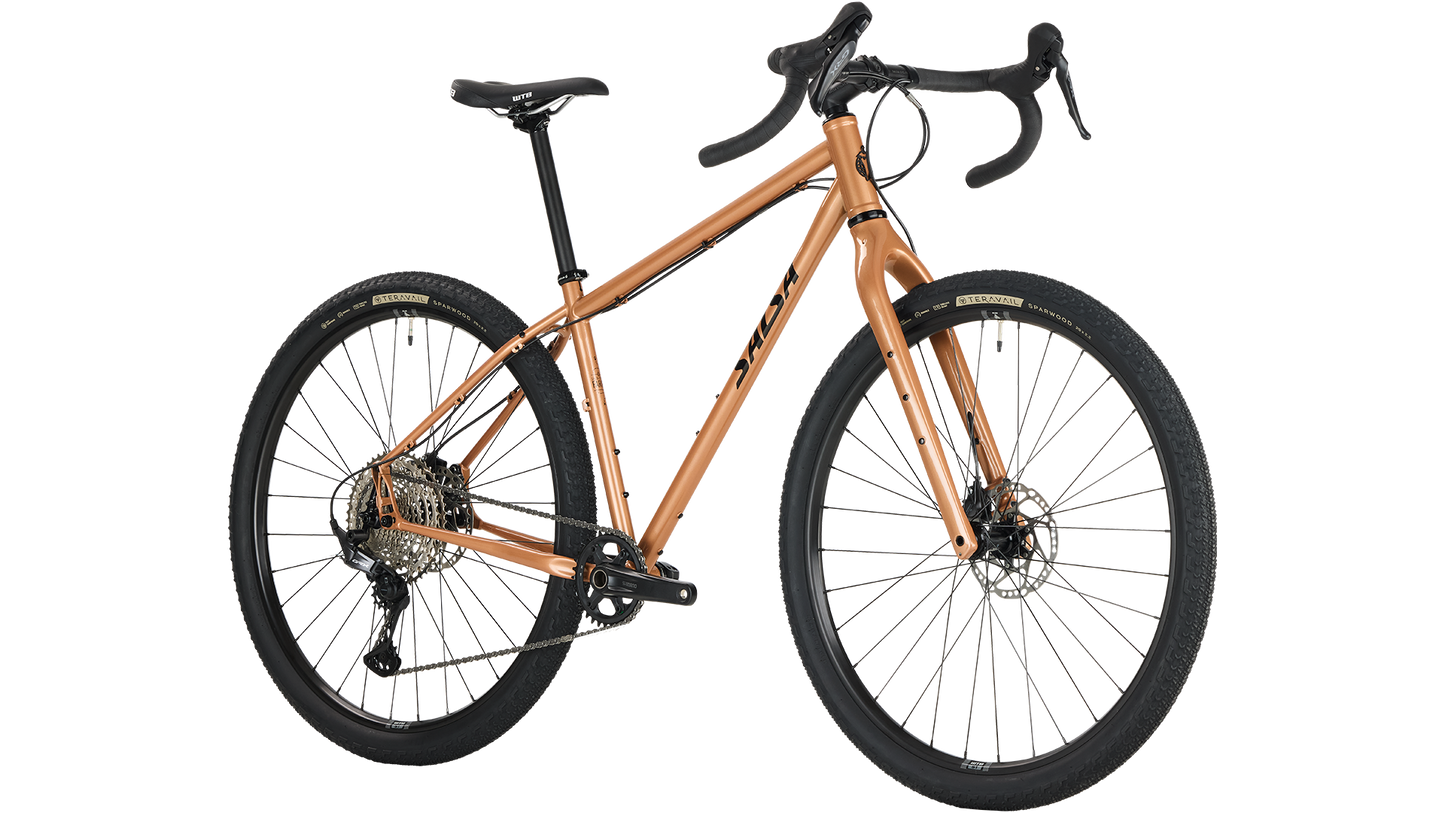 Salsa Fargo GRX 610 bike in Brass color front three-quarter view