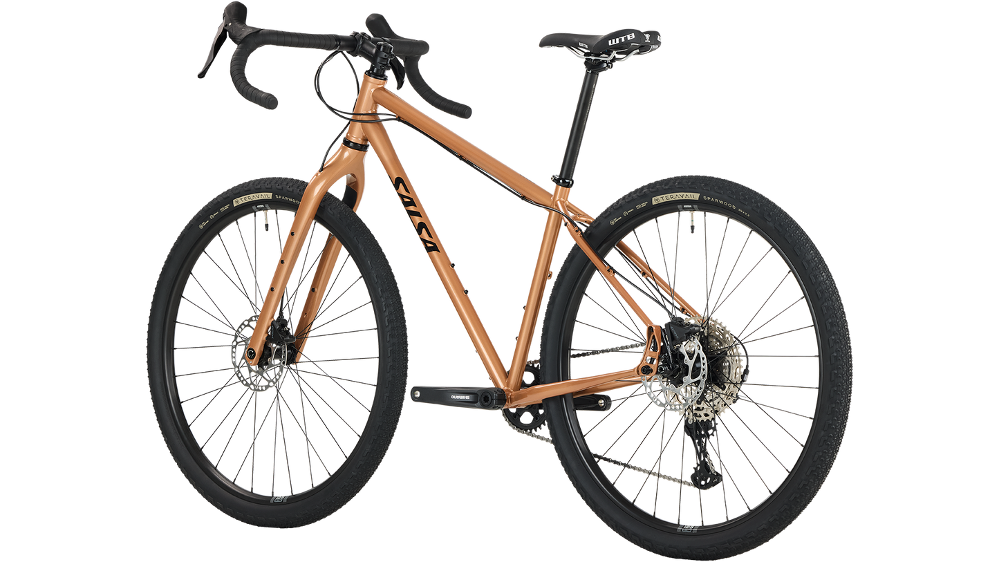 Salsa Fargo GRX 610 bike in Brass color rear three-quarter view