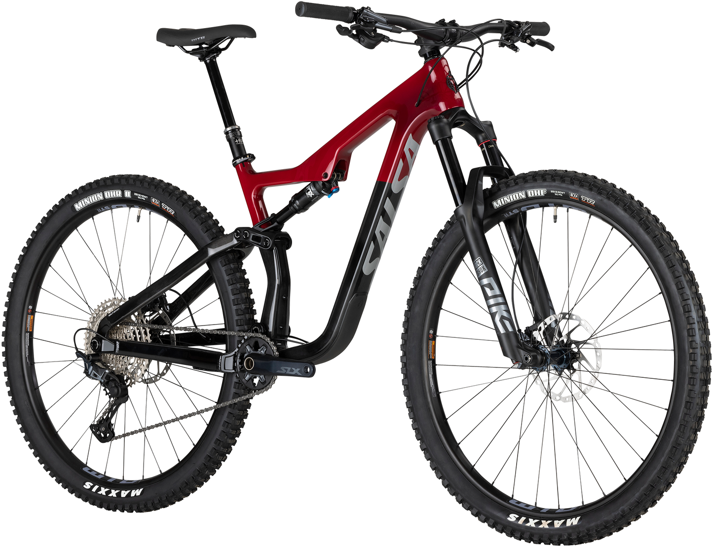 Salsa Horsethief C SLX red and black complete bike front three-quarter view on white background