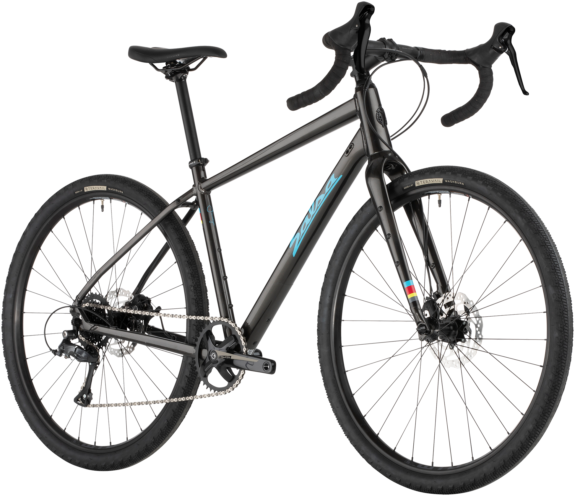 Salsa Journeyer Advent 650b bike, black, front three-quarter view on white background