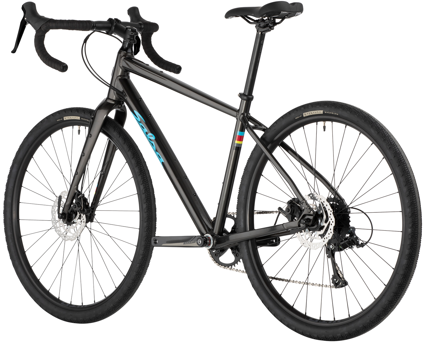 Salsa Journeyer Advent 650b bike, black, rear three-quarter view on white background