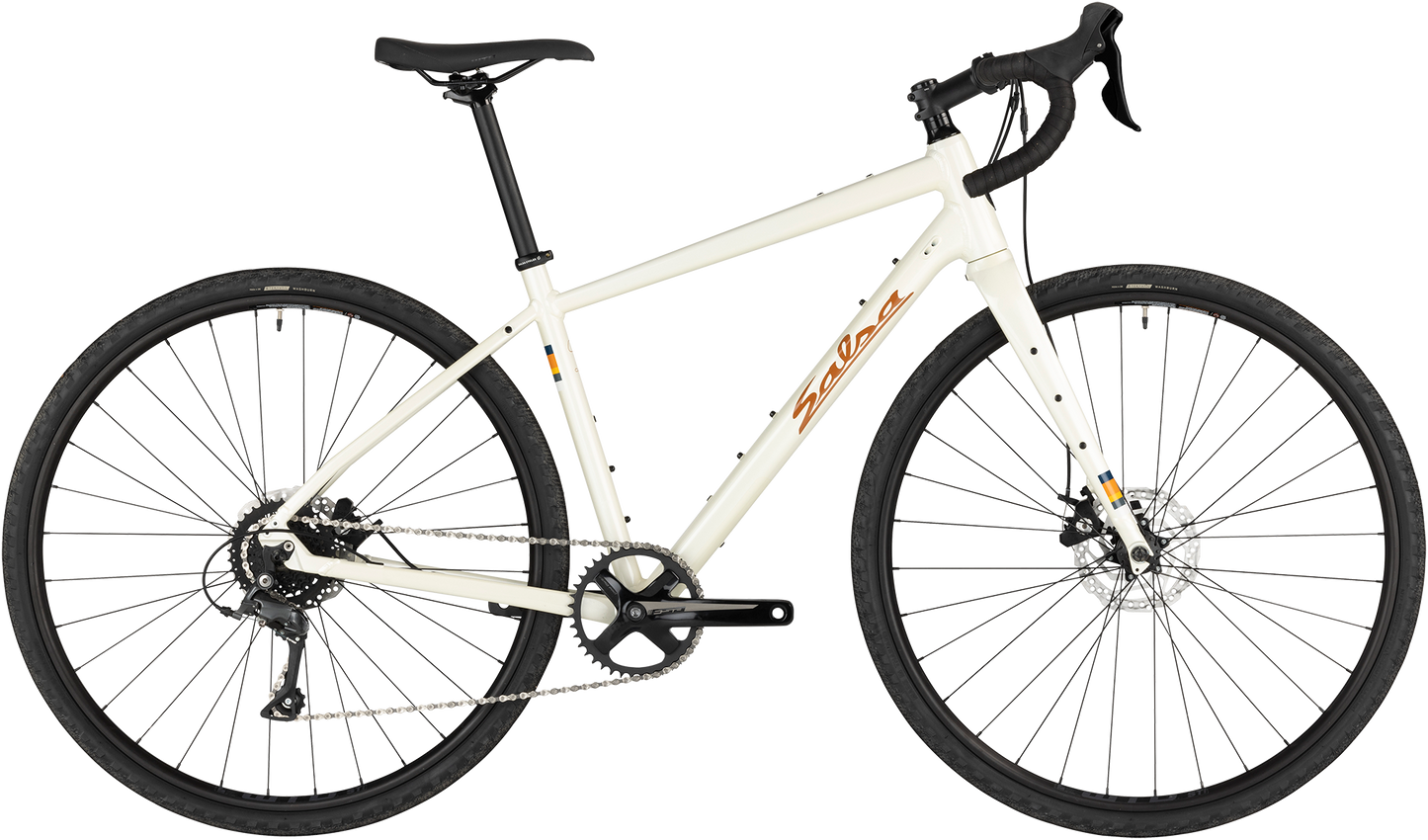 Salsa Journeyer Advent 700c bike, tan, side view on white background