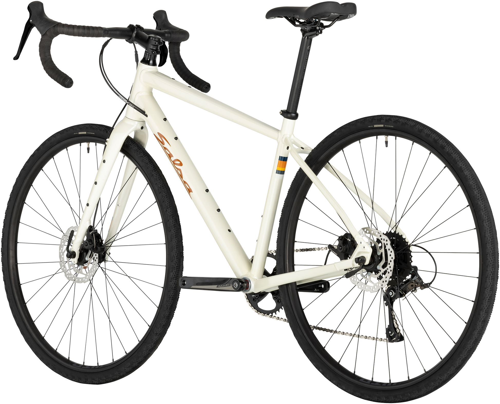 Salsa Journeyer Advent 700c bike, tan, rear three-quarter view on white background