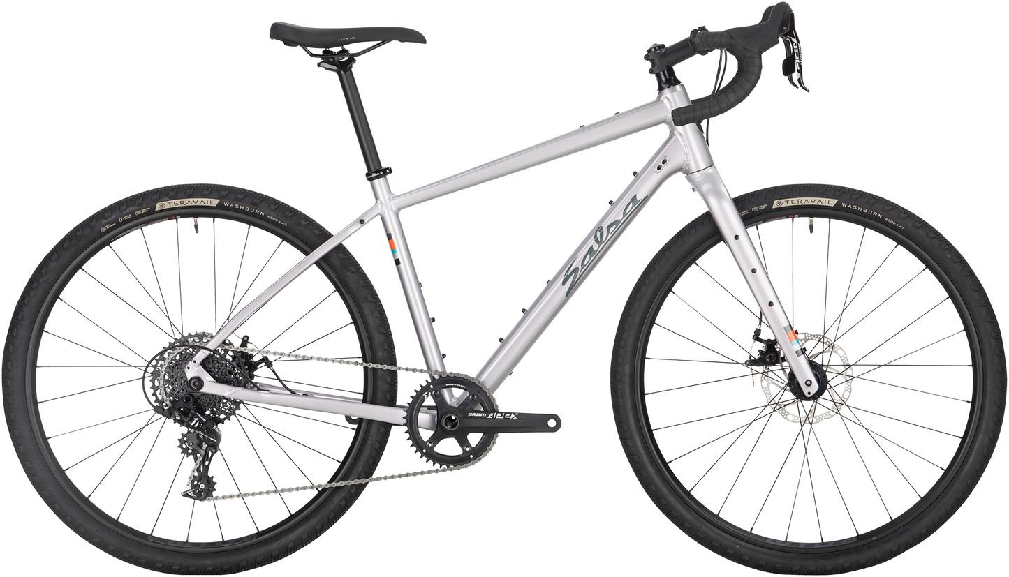 Salsa Journeyer Apex 1 650b bike, silver, side view on white background