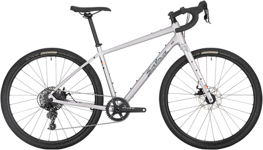 Salsa Journeyer Apex 1 650b bike, silver, side view on white background