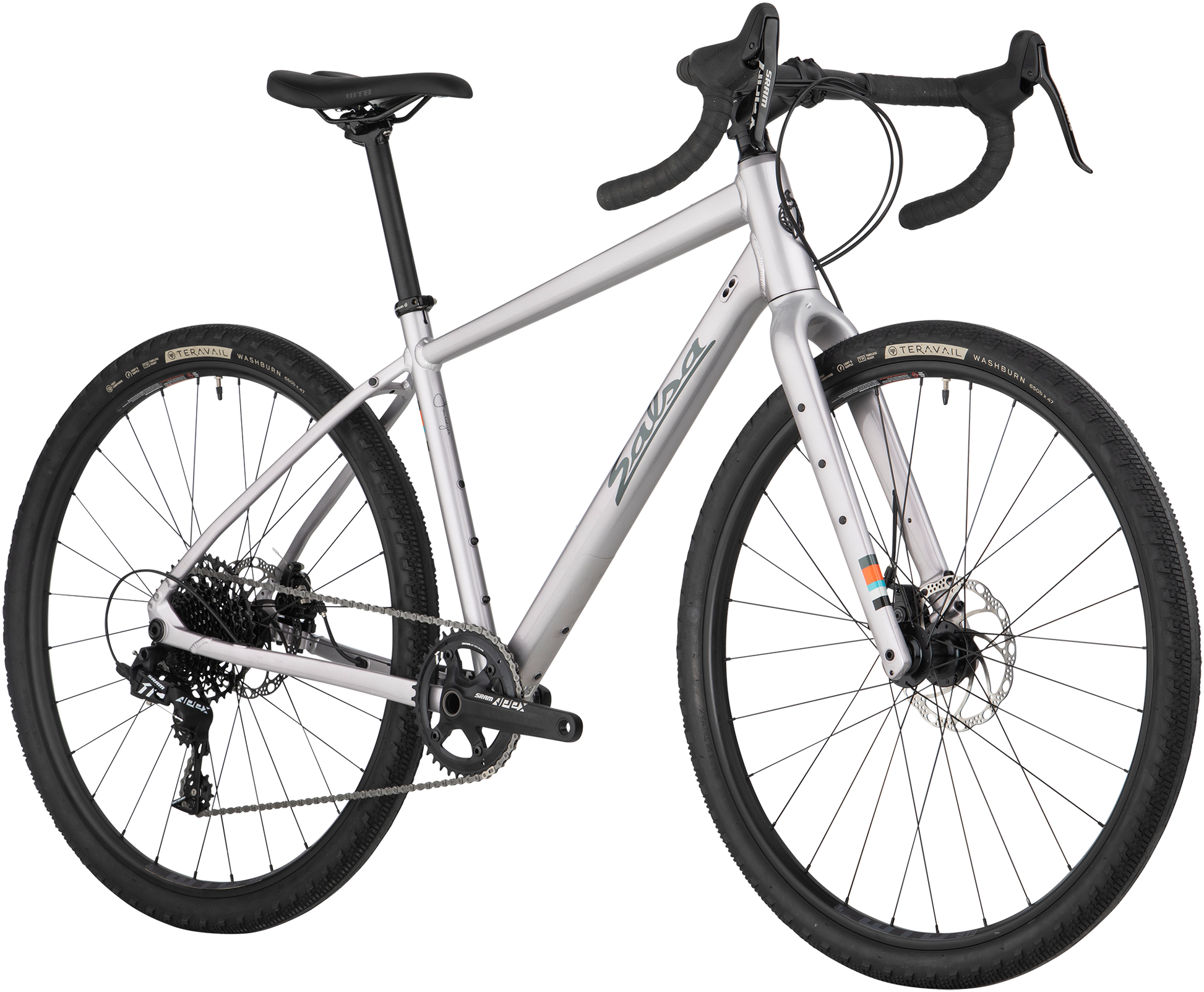 Salsa Journeyer Apex 1 650b bike, silver, front three-quarter view on white background