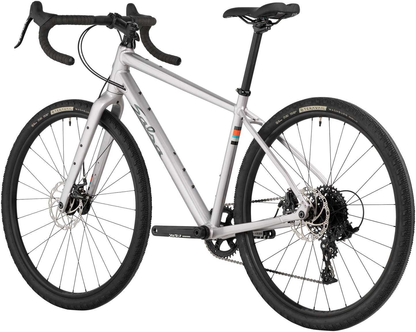 Salsa Journeyer Apex 1 650b bike, silver, rear three-quarter view on white background