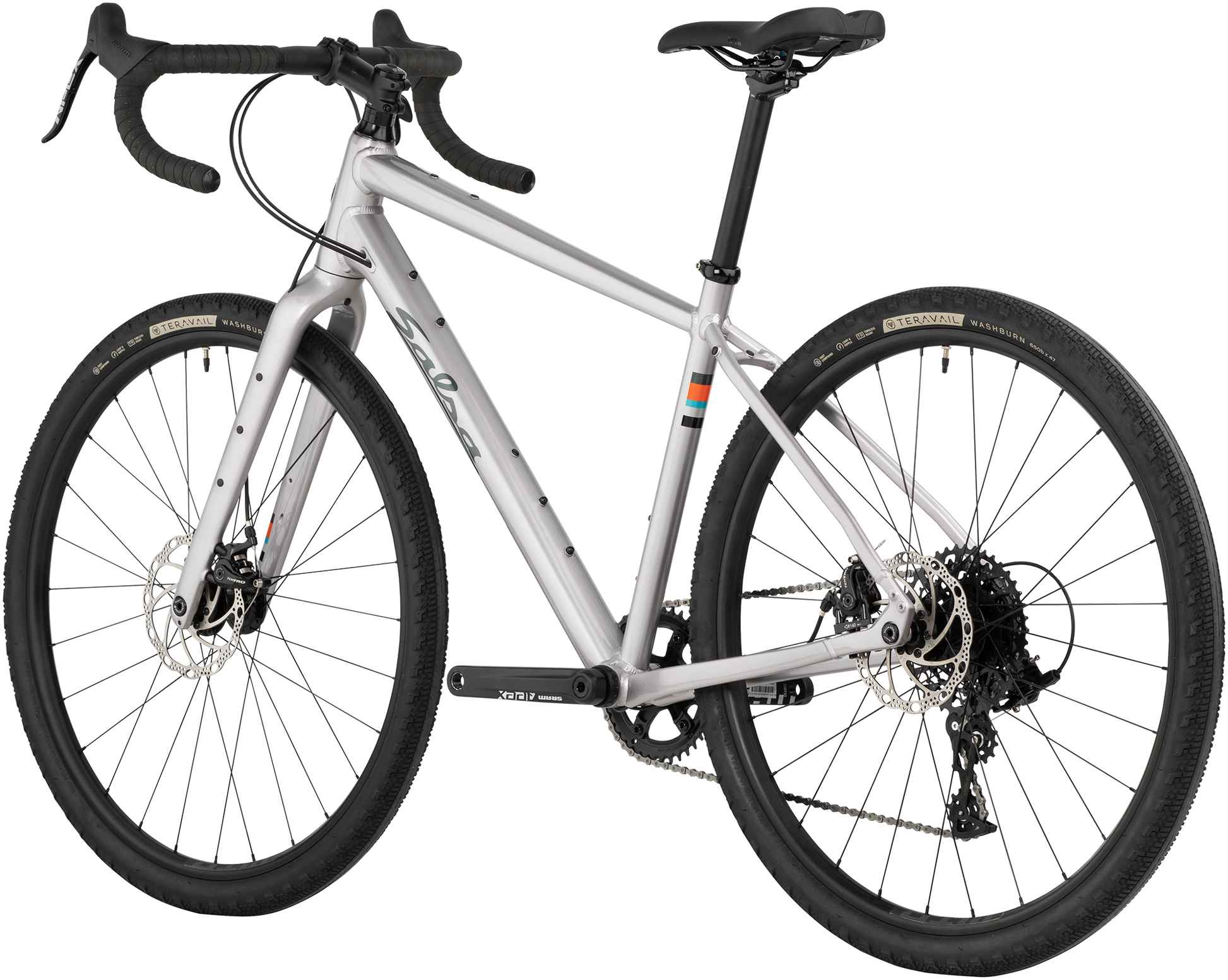 Salsa Journeyer Apex 1 650b bike, silver, rear three-quarter view on white background