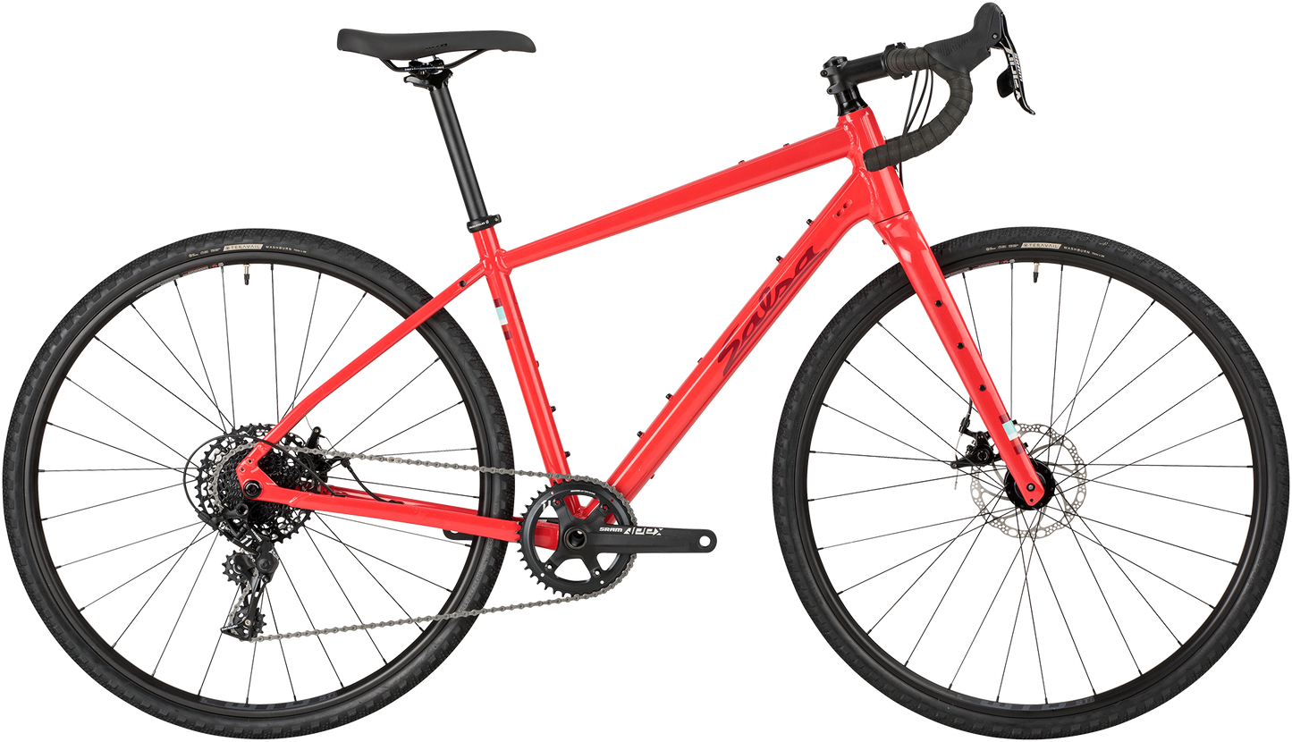 Salsa Journeyer Apex 1 700c bike, red, side view on white background