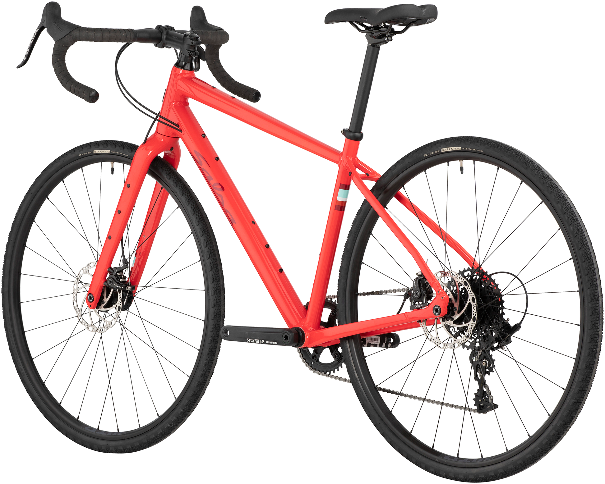 Salsa Journeyer Apex 1 700c bike, red, rear three-quarter view on white background