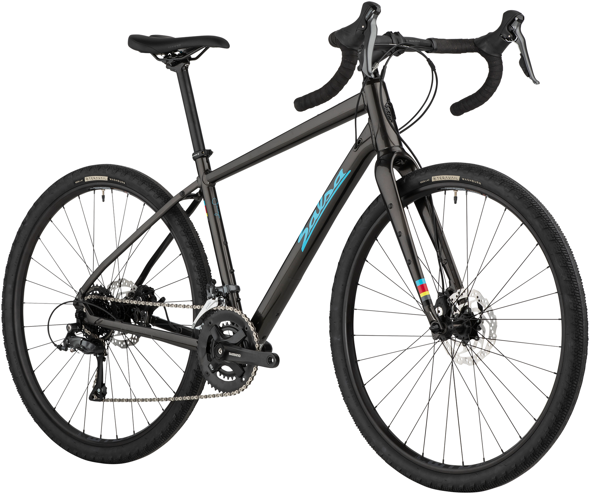 Salsa Journeyer Claris 650b bike, black, front three-quarter view on white background