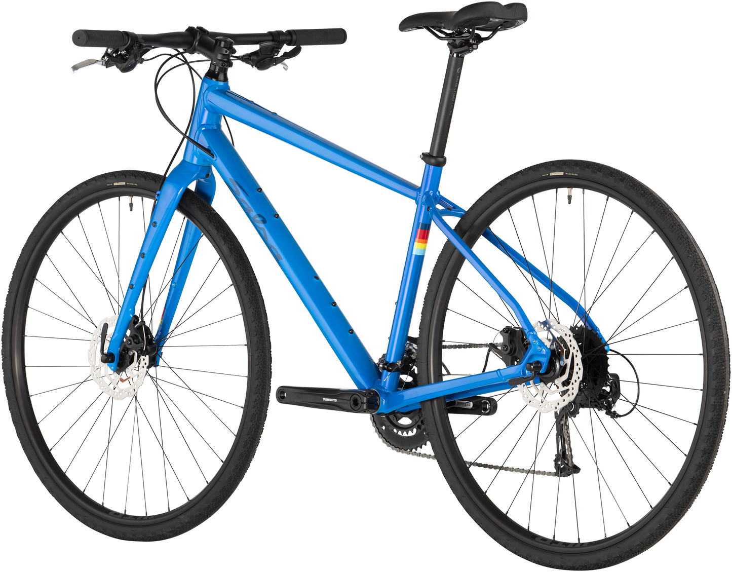 Salsa Journeyer Flat Bar Altus 700c bike, blue, rear three-quarter view on white background