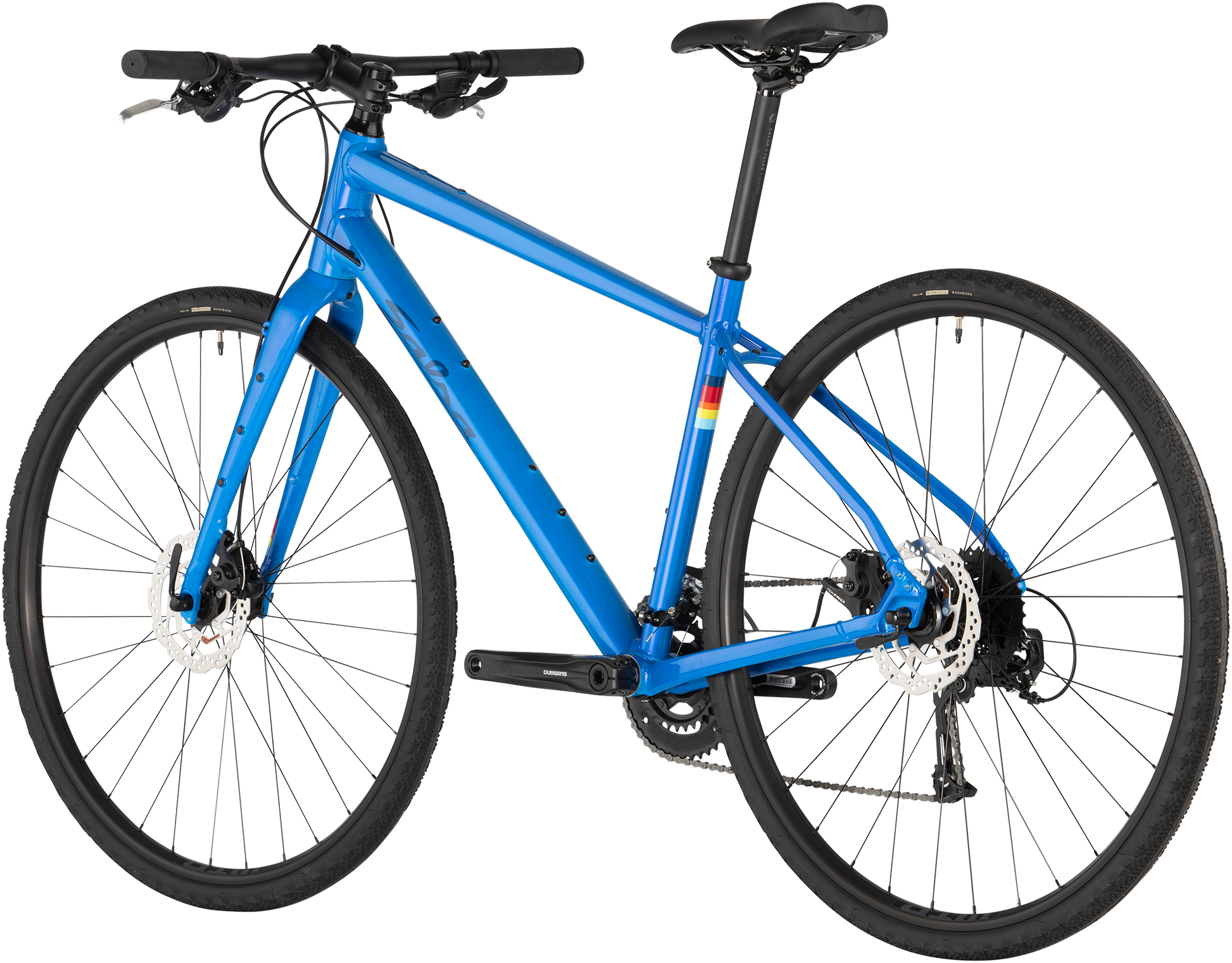 Salsa Journeyer Flat Bar Altus 700c bike, blue, rear three-quarter view on white background