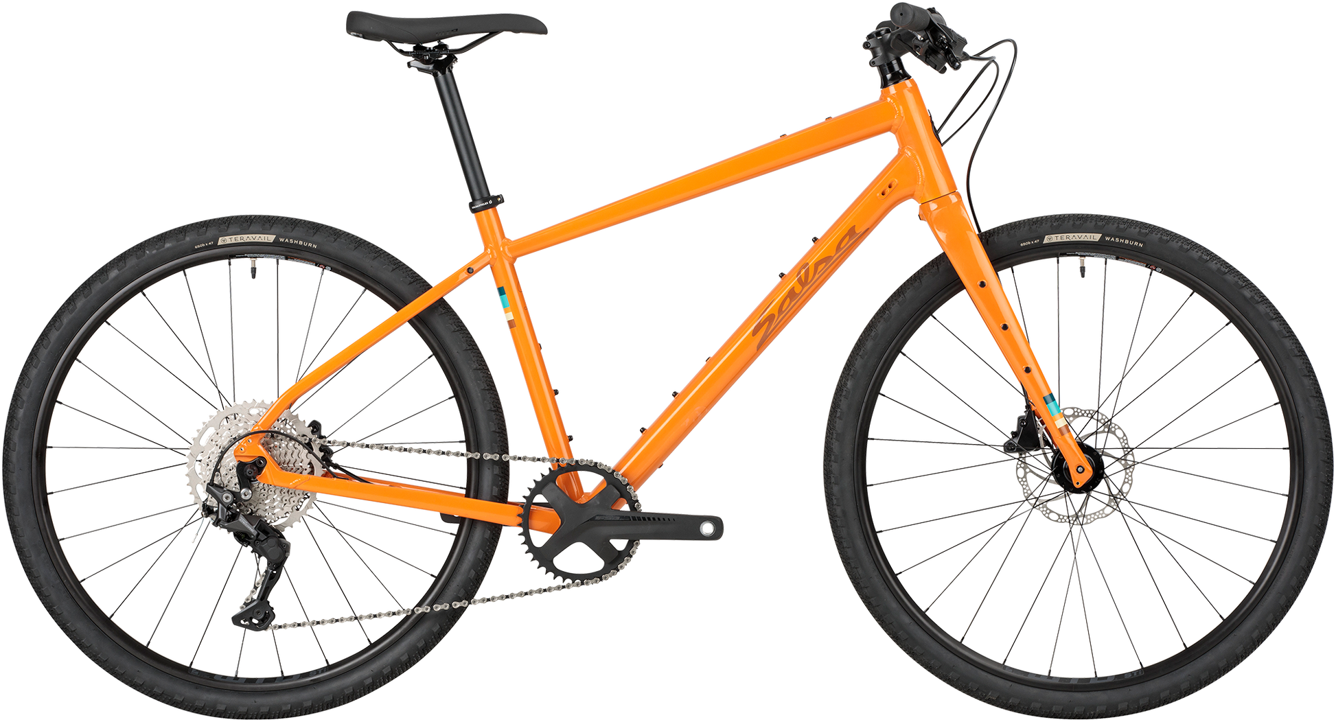 Salsa Journeyer Flat Bar Deore 650b bike, orange, side view on white background