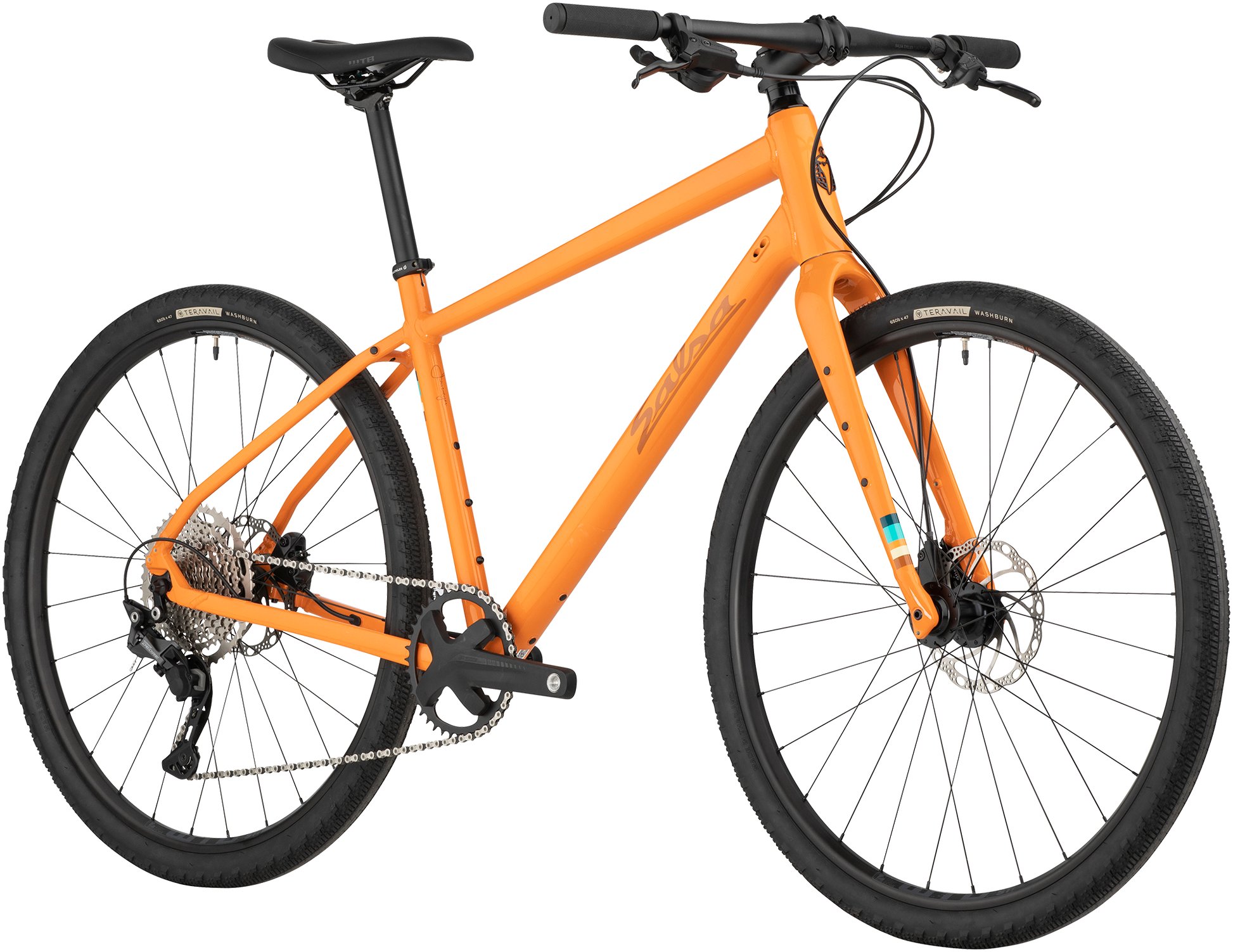 Salsa Journeyer Flat Bar Deore 650b bike, orange, front three-quarter view on white background