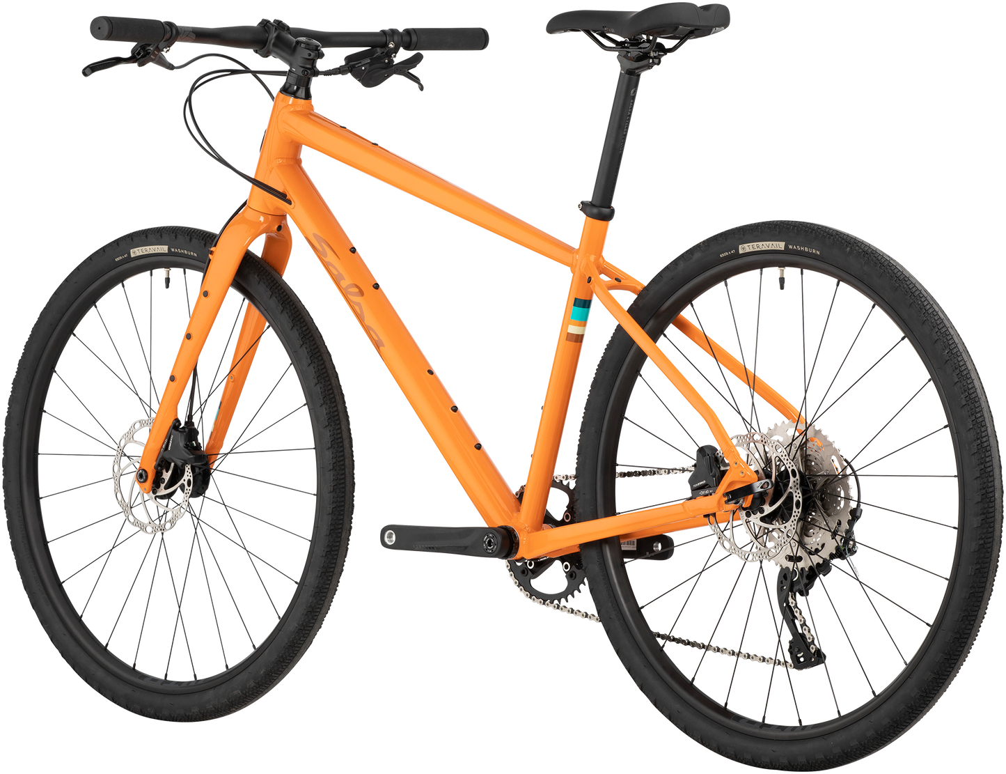 Salsa Journeyer Flat Bar Deore 650b bike, orange, rear three-quarter view on white background